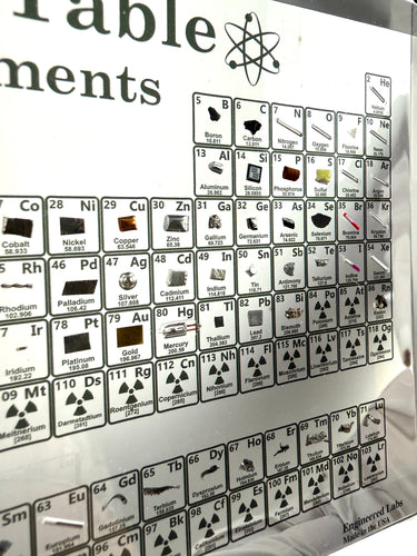 Periodic table of elements with real metal samples on a white background