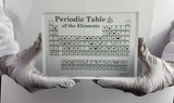 Person holding a periodic table of elements poster with white gloves on a light gray background