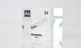 Arsenic element encased in a clear acrylic cube, showcasing its name, atomic number 33, and key properties from the periodic table. An informative and visually striking piece ideal for educational purposes and collectors.