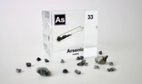 Arsenic element encased in a clear acrylic cube, showcasing its name, atomic number 33, and key properties from the periodic table. Surrounded by its raw material. An informative and visually striking piece ideal for educational purposes and collectors.