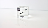 Clear acrylic cube displaying a Barium element (Atomic Number 56) embedded within, offering a scientific presentation for collectors and science enthusiasts.