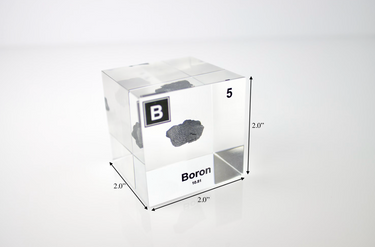 Clear acrylic cube encasing a Boron ampule with its atomic number 5. Ideal for display in educational settings, scientific collections, or as a decorative piece.