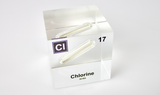 Clear acrylic cube displaying a Chlorine element (Atomic Number 17) embedded within, offering a scientific presentation for collectors and science enthusiasts.