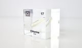 Clear acrylic cube displaying a Chlorine element (Atomic Number 17) embedded within, offering a scientific presentation for collectors and science enthusiasts.