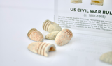 Clear acrylic display case featuring historical Civil War bullets, offering an educational presentation for collectors and enthusiasts of American history.