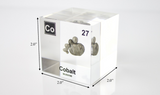 Cobalt element, Atomic Number 27, in a clear acrylic cube, displaying its name, atomic number, and key properties as shown on the periodic table. An educational and informative piece ideal for science enthusiasts and collectors.