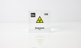 Clear acrylic cube displaying a Dubnium element (Atomic Number 105) embedded within, offering a scientific presentation for collectors and science enthusiasts.