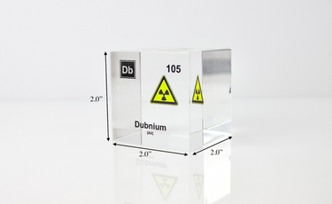Clear acrylic cube displaying a Dubnium element (Atomic Number 105) embedded within, offering a scientific presentation for collectors and science enthusiasts.