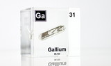 Close-up of Gallium element encased in a clear acrylic cube, featuring its name, atomic number 31, and properties as displayed on the periodic table. Ideal for educational and collector use.