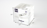 Gallium element encased in a clear acrylic cube, featuring its name, atomic number 31, and properties as displayed on the periodic table. Showing off dimensions. Ideal for educational and collector use.