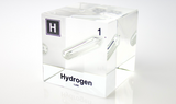 Clear acrylic cube displaying a Hydrogen element (Atomic Number 1) embedded within, offering a scientific presentation for collectors and science enthusiasts.