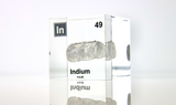 Clear acrylic cube displaying an Indium element (Atomic Number 49) embedded within, offering a scientific presentation for collectors and science enthusiasts.