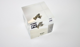 Iron element encased in a clear acrylic cube, featuring its name, atomic number, and key properties from the periodic table. A striking and educational display for science enthusiasts and collectors