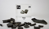 Iron element encased in a clear acrylic cube, featuring its name, atomic number, and key properties from the periodic table. A striking and educational display for science enthusiasts and collectors