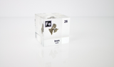 Iron element encased in a clear acrylic cube, featuring its name, atomic number, and key properties from the periodic table. A striking and educational display for science enthusiasts and collectors