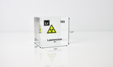 Clear acrylic cube displaying a Lawrencium element (Atomic Number 103) embedded within, offering a scientific presentation for collectors and science enthusiasts.