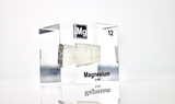 Clear acrylic cube featuring a Magnesium ampule with its atomic number 12. Ideal for educational displays, scientific collections, or as a distinctive decorative item.