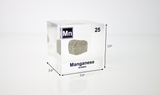 Manganese element in a clear acrylic cube, showcasing its dimensions, name, atomic number, and properties as displayed on the periodic table. A stylish and informative piece for collectors and educators.