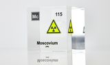 Clear acrylic cube displaying a Moscovium element (Atomic Number 115) embedded within, offering a scientific presentation for collectors and science enthusiasts.