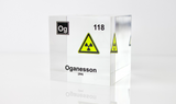 Clear acrylic cube displaying an Oganesson element (Atomic Number 118) embedded within, offering a scientific presentation for collectors and science enthusiasts.