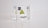 Clear acrylic cube displaying a Plutonium element (Atomic Number 94) embedded within, offering a scientific presentation for collectors and science enthusiasts.