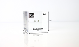 Clear acrylic cube displaying a Ruthenium element (Atomic Number 44) embedded within, offering a scientific presentation for collectors and science enthusiasts.