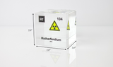 Clear acrylic cube displaying a Rutherfordium element (Atomic Number 104) embedded within, offering a scientific presentation for collectors and science enthusiasts.