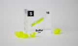 Clear acrylic cube displaying a Sulfur element (Atomic Number 16) embedded within, offering a scientific presentation for collectors and science enthusiasts.