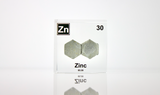 Zinc element encased in a clear acrylic cube, featuring its name, atomic number 30, and properties as displayed on the periodic table. Ideal for educational and collector use.