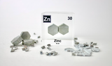 Zinc element encased in a clear acrylic cube, surrounded by its raw element, featuring its name, atomic number 30, and properties as displayed on the periodic table. Ideal for educational and collector use.