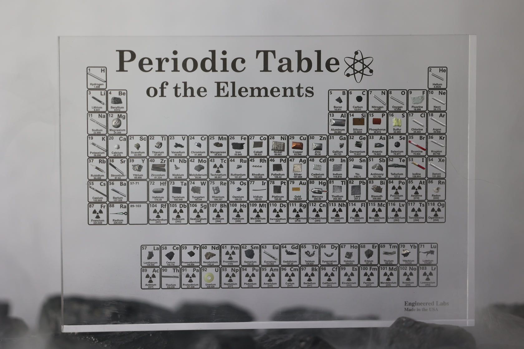 Periodic table with real elements displays elements of the periodic table.