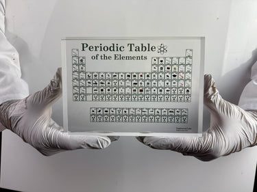 Person holding a periodic table of elements poster with white gloves on a light gray background
