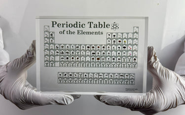 Person holding a periodic table of elements poster with white gloves on a light gray background