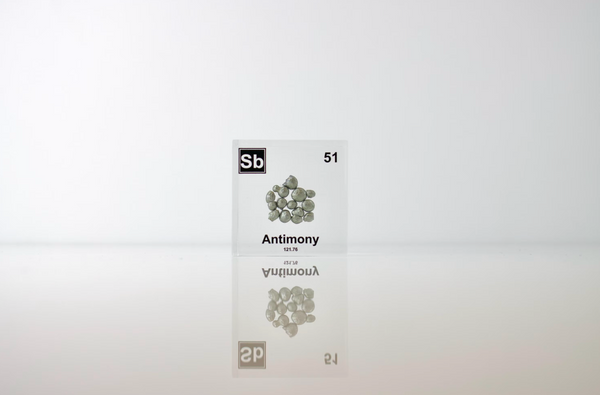 Clear acrylic cube displaying an Antimony element (Atomic Number 51) embedded within, offering a scientific presentation for collectors and science enthusiasts.