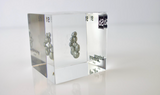 Clear acrylic cube displaying an Antimony element (Atomic Number 51) embedded within, offering a scientific presentation for collectors and science enthusiasts.