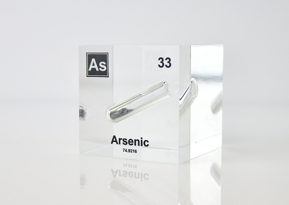 Arsenic element encased in a clear acrylic cube, showcasing its name, atomic number 33, and key properties from the periodic table. An informative and visually striking piece ideal for educational purposes and collectors.