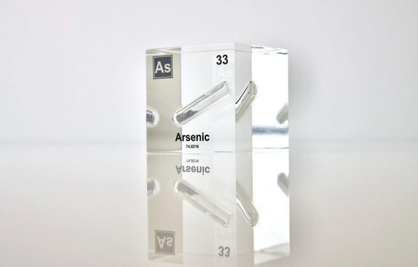 Arsenic element encased in a clear acrylic cube, showcasing its name, atomic number 33, and key properties from the periodic table. An informative and visually striking piece ideal for educational purposes and collectors.