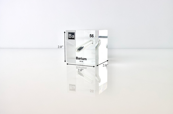 Clear acrylic cube displaying a Barium element (Atomic Number 56) embedded within, offering a scientific presentation for collectors and science enthusiasts.