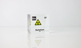 Clear acrylic cube displaying a Berkelium element (Atomic Number 97) embedded within, offering a scientific presentation for collectors and science enthusiasts. Radiation symbol.