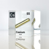 Clear acrylic cube displaying a Cesium element (Atomic Number 55) embedded within, offering a scientific presentation for collectors and science enthusiasts.