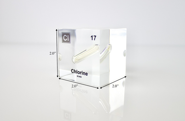 Clear acrylic cube displaying a Chlorine element (Atomic Number 17) embedded within, offering a scientific presentation for collectors and science enthusiasts.