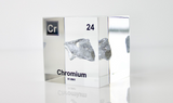 Chromium enclosed in a clear acrylic cube, highlighting its name, atomic number 24, and key properties from the periodic table. A great educational tool and collector’s piece.