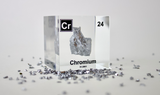 Chromium enclosed in a clear acrylic cube, highlighting its name, atomic number 24, and key properties from the periodic table. A great educational tool and collector’s piece.