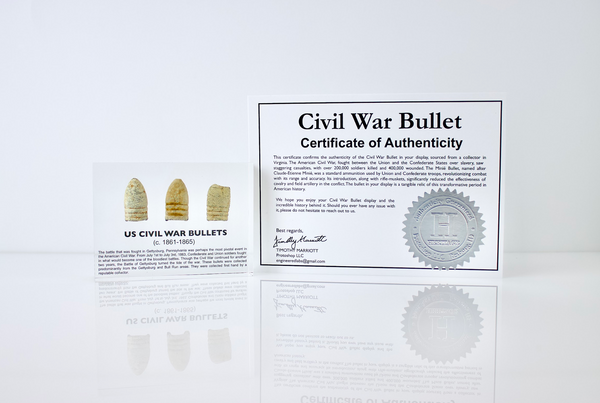 Clear acrylic display case featuring historical Civil War bullets, offering an educational presentation for collectors and enthusiasts of American history.