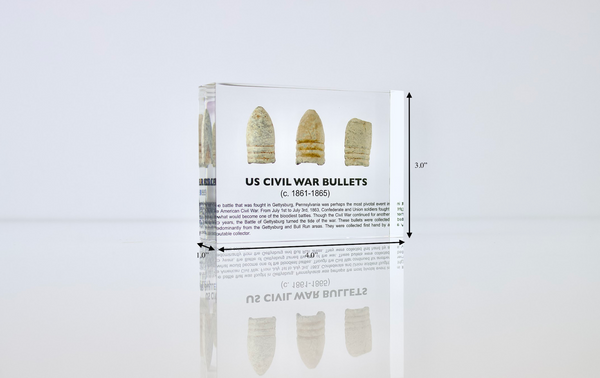 Clear acrylic display case featuring historical Civil War bullets, offering an educational presentation for collectors and enthusiasts of American history.