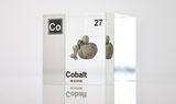 Cobalt element in a clear acrylic cube, displaying its name, atomic number, and key properties as shown on the periodic table. An elegant and informative piece perfect for science lovers and collectors.