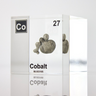 Cobalt element in a clear acrylic cube, displaying its name, atomic number, and key properties as shown on the periodic table. An elegant and informative piece perfect for science lovers and collectors.