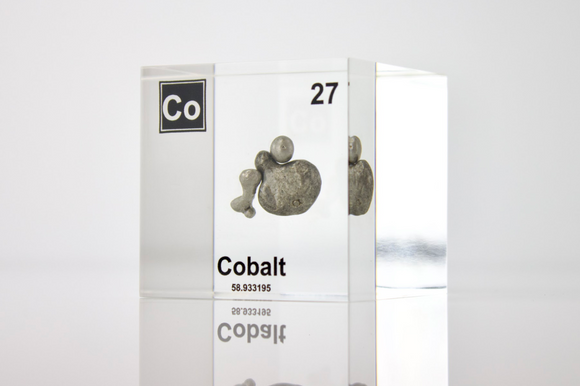 Cobalt element in a clear acrylic cube, displaying its name, atomic number, and key properties as shown on the periodic table. An elegant and informative piece perfect for science lovers and collectors.