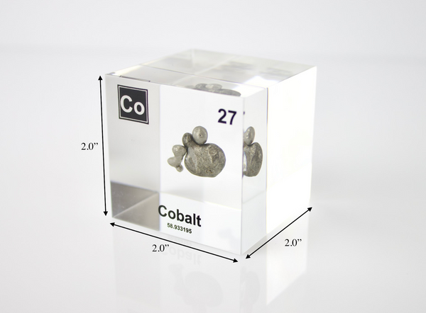 Cobalt element, Atomic Number 27, in a clear acrylic cube, displaying its name, atomic number, and key properties as shown on the periodic table. An educational and informative piece ideal for science enthusiasts and collectors.