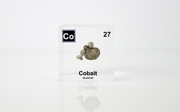 Cobalt element in a clear acrylic cube, displaying its name, atomic number, and key properties as shown on the periodic table. An educational and informative piece perfect for science lovers and collectors.